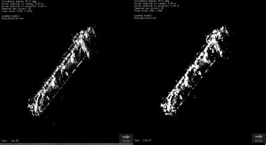 Fig. 2 – Two simulated SAR  signatures of a Bulk Carrier Vessel.   Left: pixel spacing set to 0.2 m x 0.2 m      Right: pixel spacing set to 0.8 m x 0.8 m.
